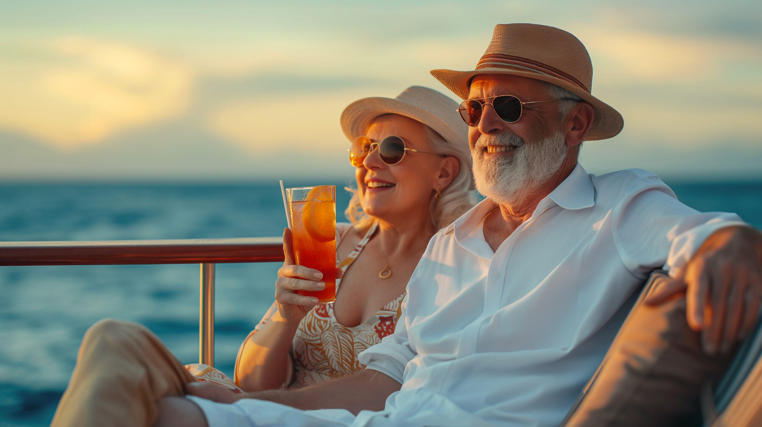 Senior couple drinking cocktails on cruise ship deck