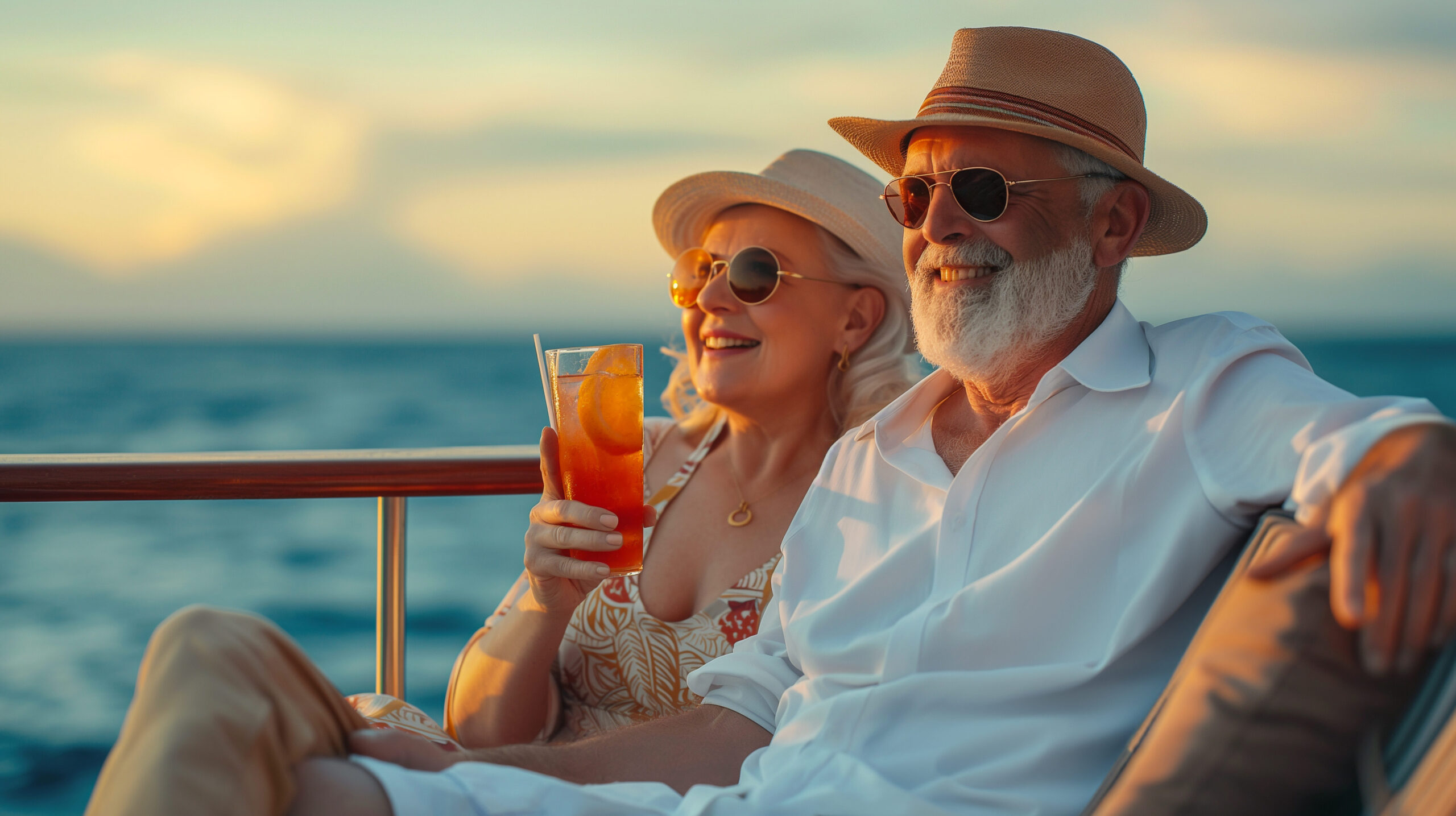 Senior couple drinking cocktails on cruise ship deck